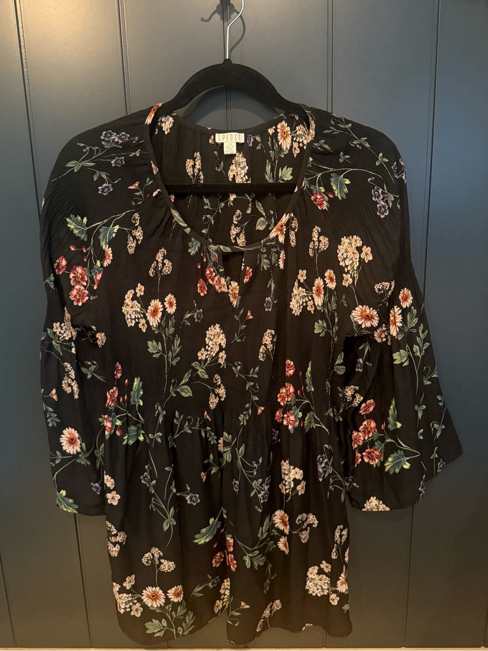 🌻 SPENSE Women’s Black Floral Tunic Blouse 3/4 Bell Sleeves Cottagecore - Size L